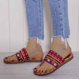 Beaded Flip Flops Flower Printing  Clip Toe Beach Sandals