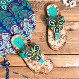 Beaded Flip Flops Flower Printing  Clip Toe Beach Sandals