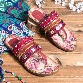 Beaded Flip Flops Flower Printing  Clip Toe Beach Sandals