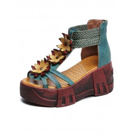 Leather Cozy Bohemia Floral Open Toe Back Zip Platform Sandals
