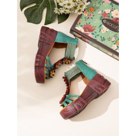 Leather Cozy Bohemia Floral Open Toe Back Zip Platform Sandals