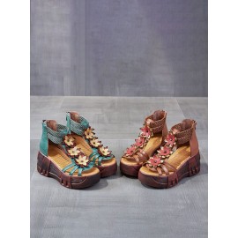 Leather Cozy Bohemia Floral Open Toe Back Zip Platform Sandals