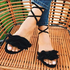Big Size Women Casual Suede Strappy Solid Color Flat Sandals