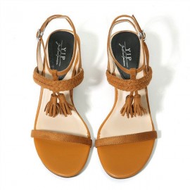 Tassel Woven Block Peep Toe Solid Buckle Strap Sandals