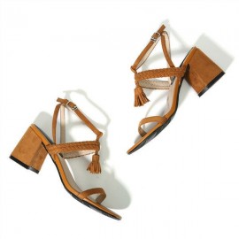 Tassel Woven Block Peep Toe Solid Buckle Strap Sandals