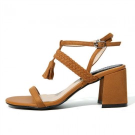 Tassel Woven Block Peep Toe Solid Buckle Strap Sandals