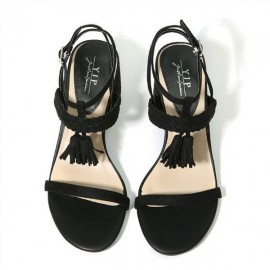 Tassel Woven Block Peep Toe Solid Buckle Strap Sandals