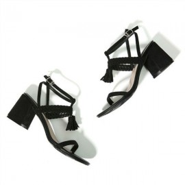Tassel Woven Block Peep Toe Solid Buckle Strap Sandals