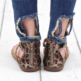 Women Casual Leopard Flip Flops Zipper Flat Sandals