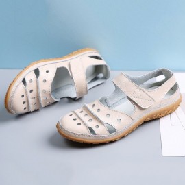 Leather Hollow Out Hook Loop Casual Flat Sandals For Women