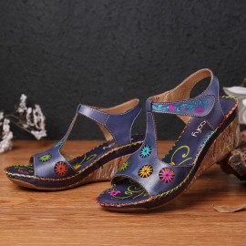 Leather Bohemian Cutout Flower Pattern Hook Loop Open Toe Casual Comfy Wedge Sandals