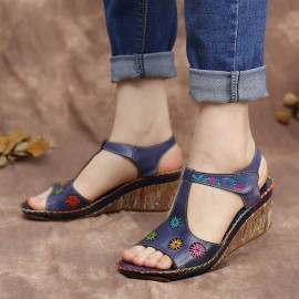 Leather Bohemian Cutout Flower Pattern Hook Loop Open Toe Casual Comfy Wedge Sandals