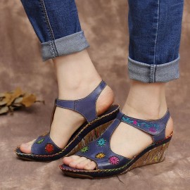 Leather Bohemian Cutout Flower Pattern Hook Loop Open Toe Casual Comfy Wedge Sandals