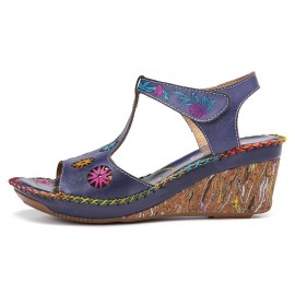 Leather Bohemian Cutout Flower Pattern Hook Loop Open Toe Casual Comfy Wedge Sandals