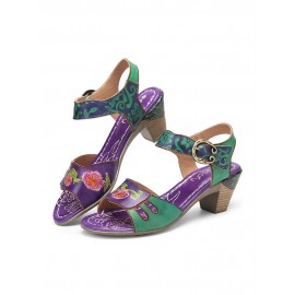 Elegant  Floral Printed Splicing Cut-out Genuine Leather Hook Loop Chunky Heel Sandals