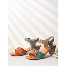 Elegant  Floral Printed Splicing Cut-out Genuine Leather Hook Loop Chunky Heel Sandals