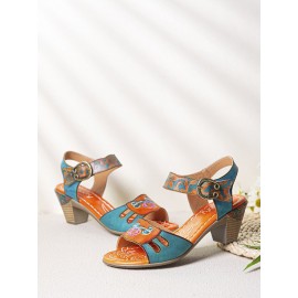 Elegant  Floral Printed Splicing Cut-out Genuine Leather Hook Loop Chunky Heel Sandals