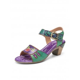Elegant  Floral Printed Splicing Cut-out Genuine Leather Hook Loop Chunky Heel Sandals