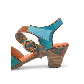 Elegant  Floral Printed Splicing Cut-out Genuine Leather Hook Loop Chunky Heel Sandals
