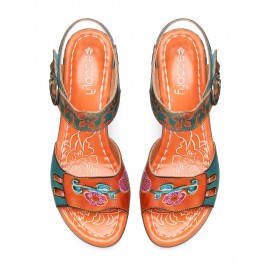 Elegant  Floral Printed Splicing Cut-out Genuine Leather Hook Loop Chunky Heel Sandals