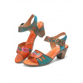 Elegant  Floral Printed Splicing Cut-out Genuine Leather Hook Loop Chunky Heel Sandals