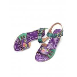 Elegant  Floral Printed Splicing Cut-out Genuine Leather Hook Loop Chunky Heel Sandals