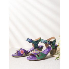Elegant  Floral Printed Splicing Cut-out Genuine Leather Hook Loop Chunky Heel Sandals