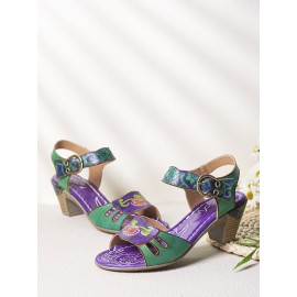 Elegant  Floral Printed Splicing Cut-out Genuine Leather Hook Loop Chunky Heel Sandals