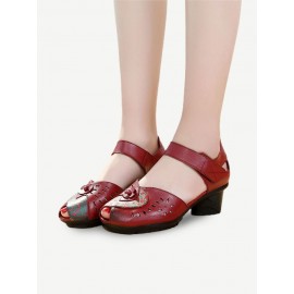 Women Casual Comfy Leather Hollow Hook Loop Open Toe Chunky Heel Sandals