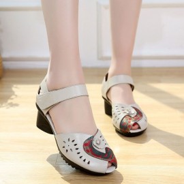 Women Casual Comfy Leather Hollow Hook Loop Open Toe Chunky Heel Sandals