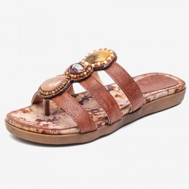 Beaded Bohemia Comfortable Clip Toe Flower Printing Casual Flat Beach Sandals