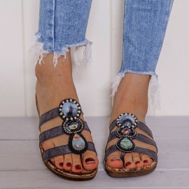 Beaded Bohemia Comfortable Clip Toe Flower Printing Casual Flat Beach Sandals
