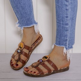 Beaded Bohemia Comfortable Clip Toe Flower Printing Casual Flat Beach Sandals