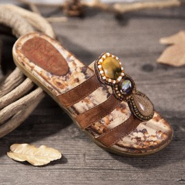 Beaded Bohemia Comfortable Clip Toe Flower Printing Casual Flat Beach Sandals