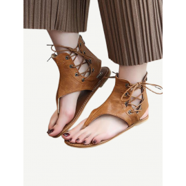 Extra Size Vintage Clip Toe Lace Up Lady Flat Roma Sandals