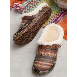 Ethnic Pattern Genuine Leather Soft Comfy Warm Fuzzy Casual Closed Toe Slippers
