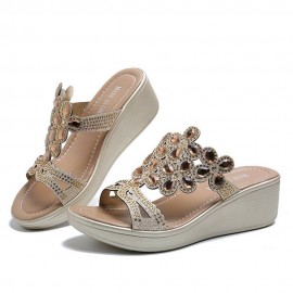 Women Rhinestone Decor Comfy Platform Wedges Slippers