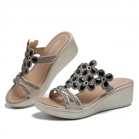 Women Rhinestone Decor Comfy Platform Wedges Slippers