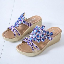 Women Rhinestone Decor Comfy Platform Wedges Slippers
