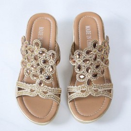 Women Rhinestone Decor Comfy Platform Wedges Slippers