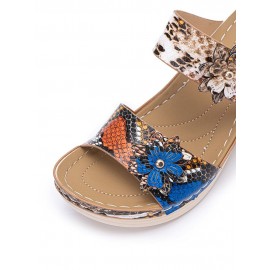 Women Large Size Animal Print Flowers Decor Hand Stitching Comfy Casual Beach Wedges Slippers