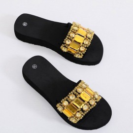 Women The Beads Rhinestone Soft Bottom Slippers