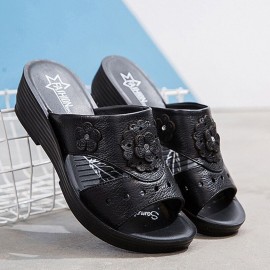 Women Daily Comfy Flowers Hollow Slip On Wedges Slippers