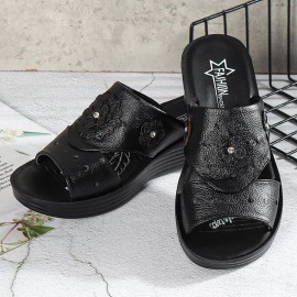 Women Daily Comfy Flowers Hollow Slip On Wedges Slippers