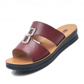 Women Beach Leather Rhinestone Hollow Soft Comfy Slide Slippers