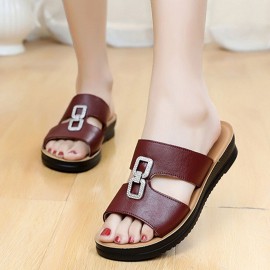 Women Beach Leather Rhinestone Hollow Soft Comfy Slide Slippers