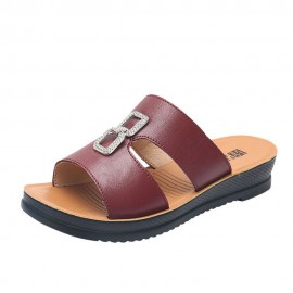 Women Beach Leather Rhinestone Hollow Soft Comfy Slide Slippers