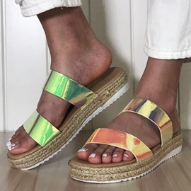 Women Double Gradient Color Strap Comfy Non Slip Espadrille Platform Slippers