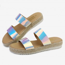 Women Double Gradient Color Strap Comfy Non Slip Espadrille Platform Slippers
