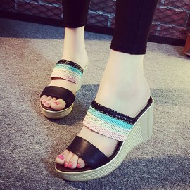 Women Casual Weaven Platform Wedge Heel Peep Toe Slippers
